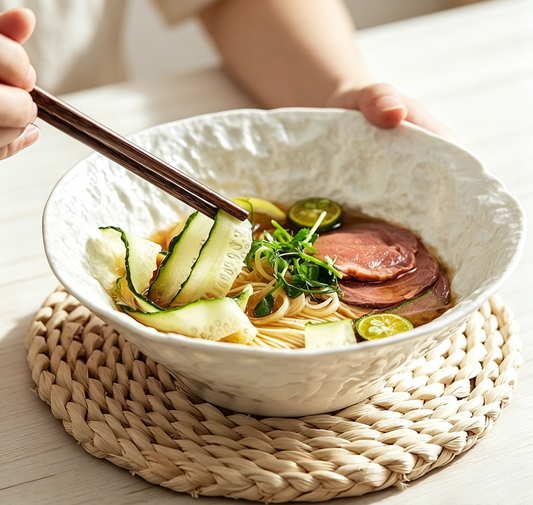 Pure White Rock Textured Ceramic Ramen Bowl