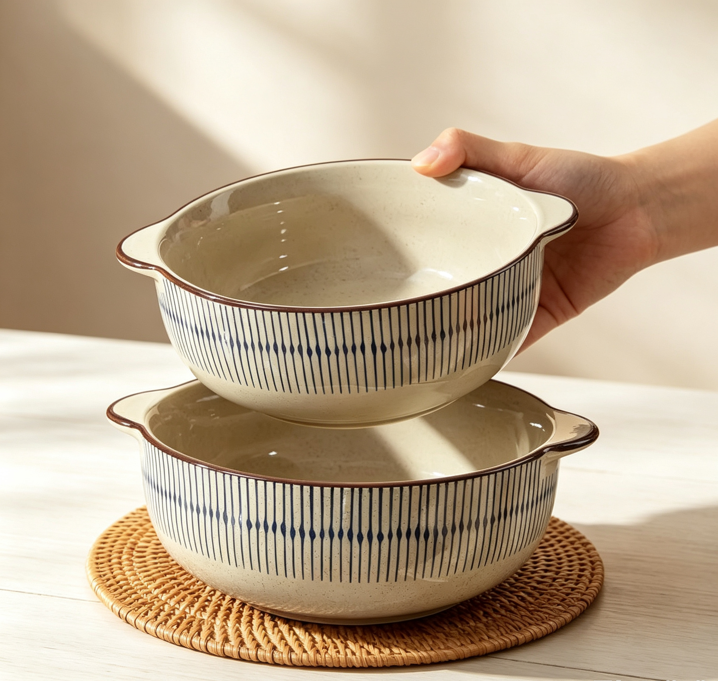 Japanese Striped Speckled Dual-handle Ceramic Noodle Bowl