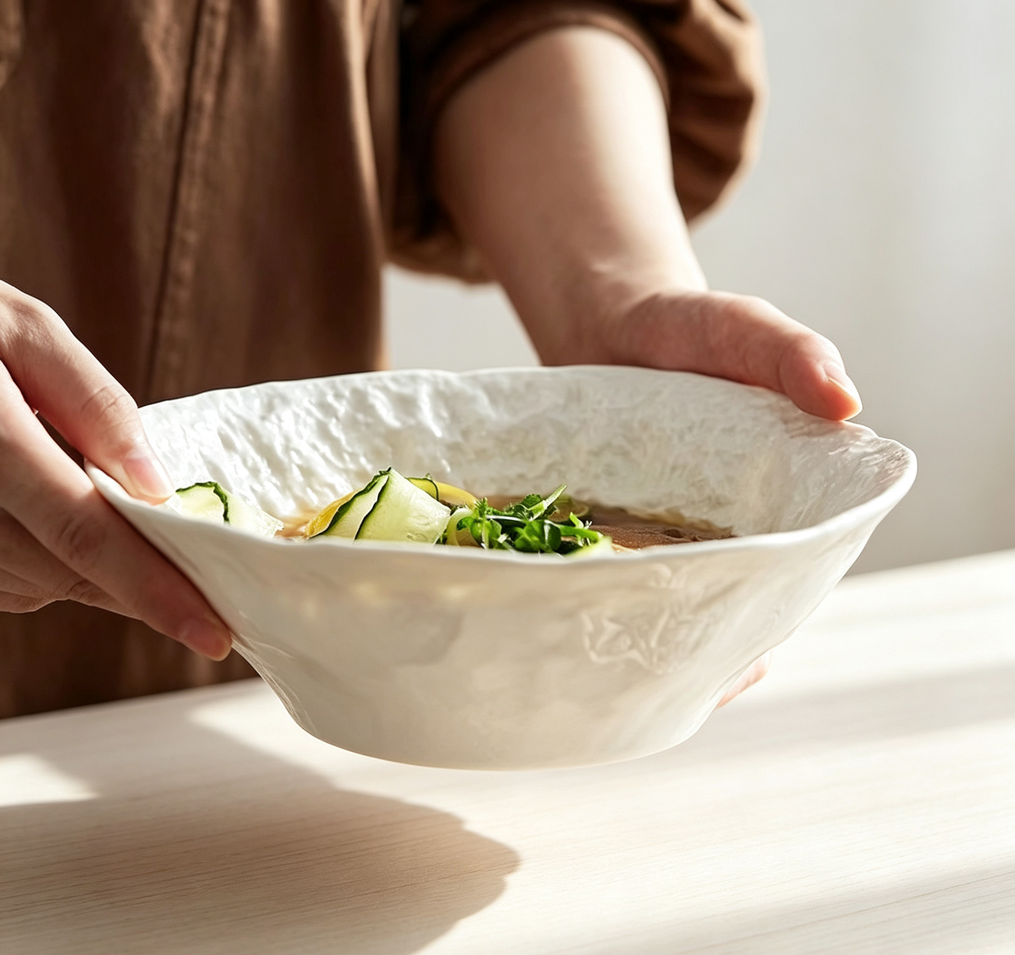 Pure White Rock Textured Ceramic Ramen Bowl