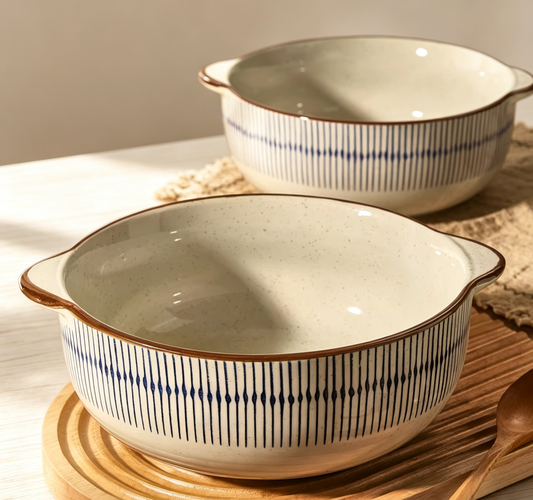 Japanese Striped Speckled Dual-handle Ceramic Noodle Bowl