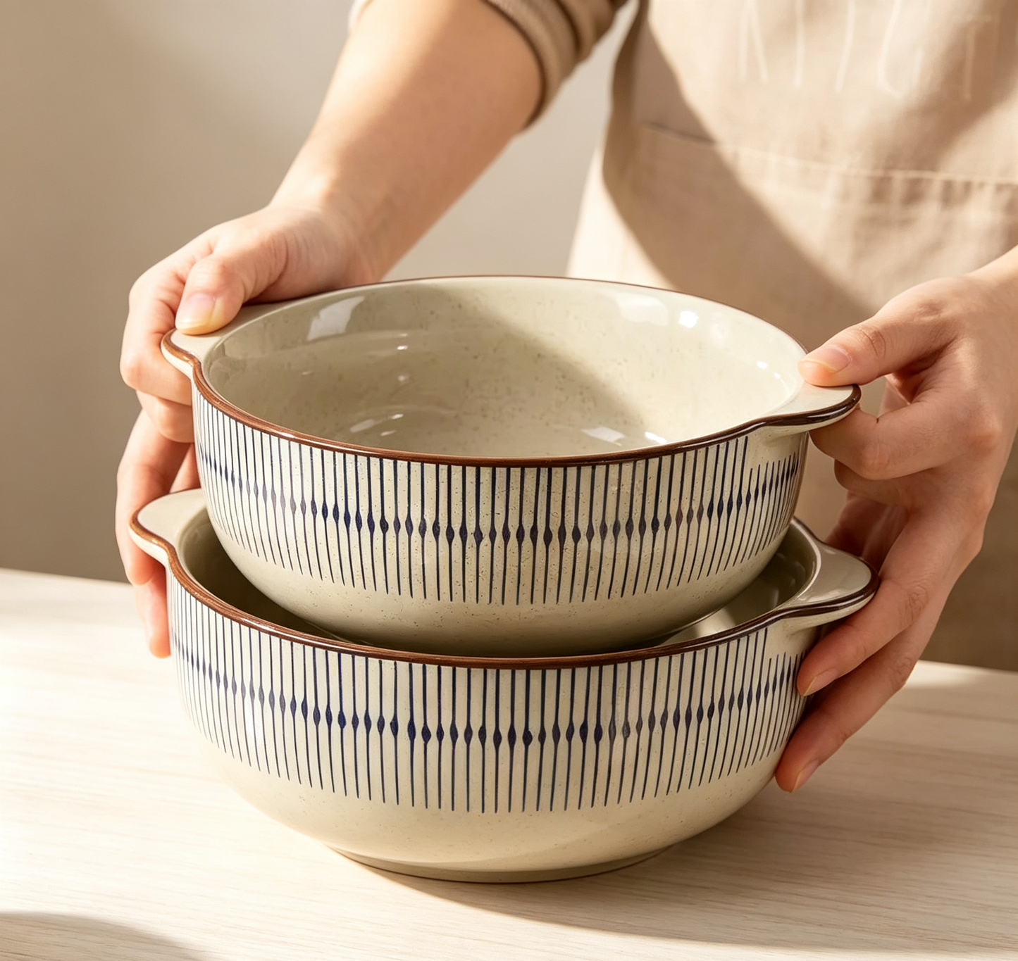 Japanese Striped Speckled Dual-handle Ceramic Noodle Bowl