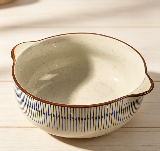 Japanese Striped Speckled Dual-handle Ceramic Noodle Bowl